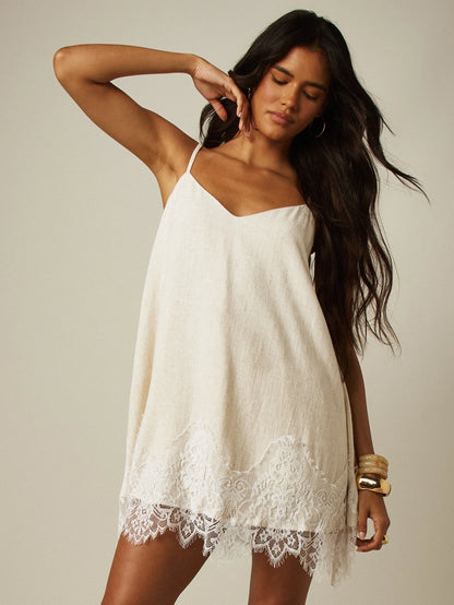 MISSGUIDED Linen Mini Slip Dress With Floral Lace Trim Hem V-Neck Spaghetti Strap Summer Boho Style