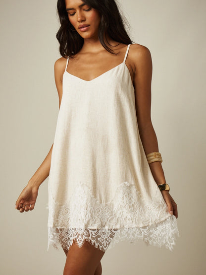 MISSGUIDED Linen Mini Slip Dress With Floral Lace Trim Hem V-Neck Spaghetti Strap Summer Boho Style