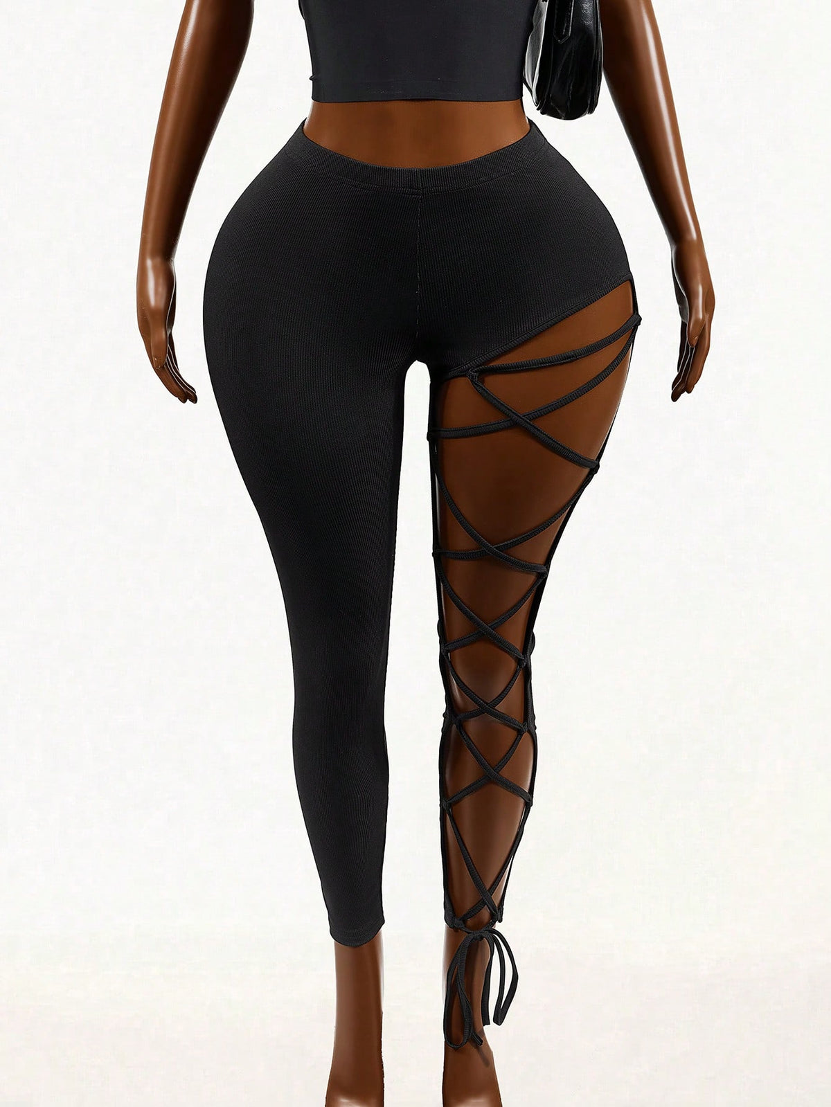 Mistrie Women's Black Summer Bandage Night Out Criss-Cross Binding Skinny Pants, Club Vacation Holidays