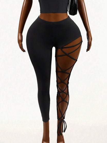 Mistrie Women's Black Summer Bandage Night Out Criss-Cross Binding Skinny Pants, Club Vacation Holidays