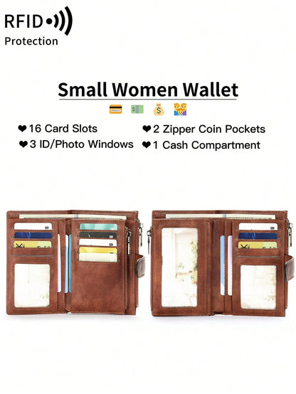 MIYIN Fashionable Retro Women's Short Wallet, Multifunctional Large Capacity Tri-Fold Credit Card Holder, RFID Blocking Wallet For Daily Use, Can Hold Credit Cards/ID/Coins/Cash/Receipts/Photos, Women