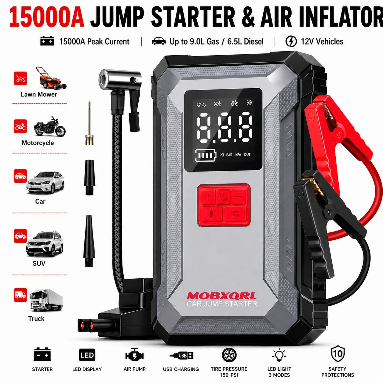 MOBXQRL Jump Starter With Air Compressor, 15000A Peak 150PSI, 12V Car Battery Charger, USB Type-C Power Bank,LED Emergency Lighting, Rechargeable Lithium Polymer Batter,Practical Ideal Gift For Fathe