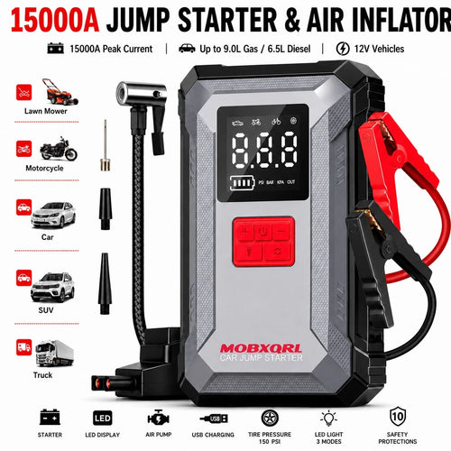 MOBXQRL Jump Starter With Air Compressor, 15000A Peak 150PSI, 12V Car Battery Charger, USB Type-C Power Bank,LED Emergency Lighting, Rechargeable Lithium Polymer Batter,Practical Ideal Gift For Fathe