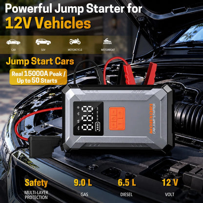 MOBXQRL Jump Starter With Air Compressor, 15000A Peak 150PSI, 12V Car Battery Charger, USB Type-C Power Bank,LED Emergency Lighting, Rechargeable Lithium Polymer Batter,Practical Ideal Gift For Fathe