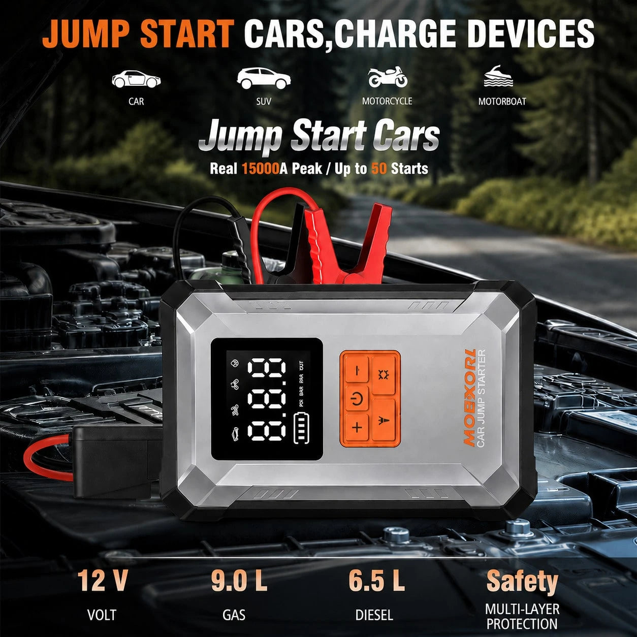 MOBXQRL Jump Starter With Air Compressor, 15000A Peak 150PSI, 12V Car Battery Charger, USB Type-C Power Bank,LED Emergency Lighting, Rechargeable Lithium Polymer Batter,Practical Ideal Gift For Fathe
