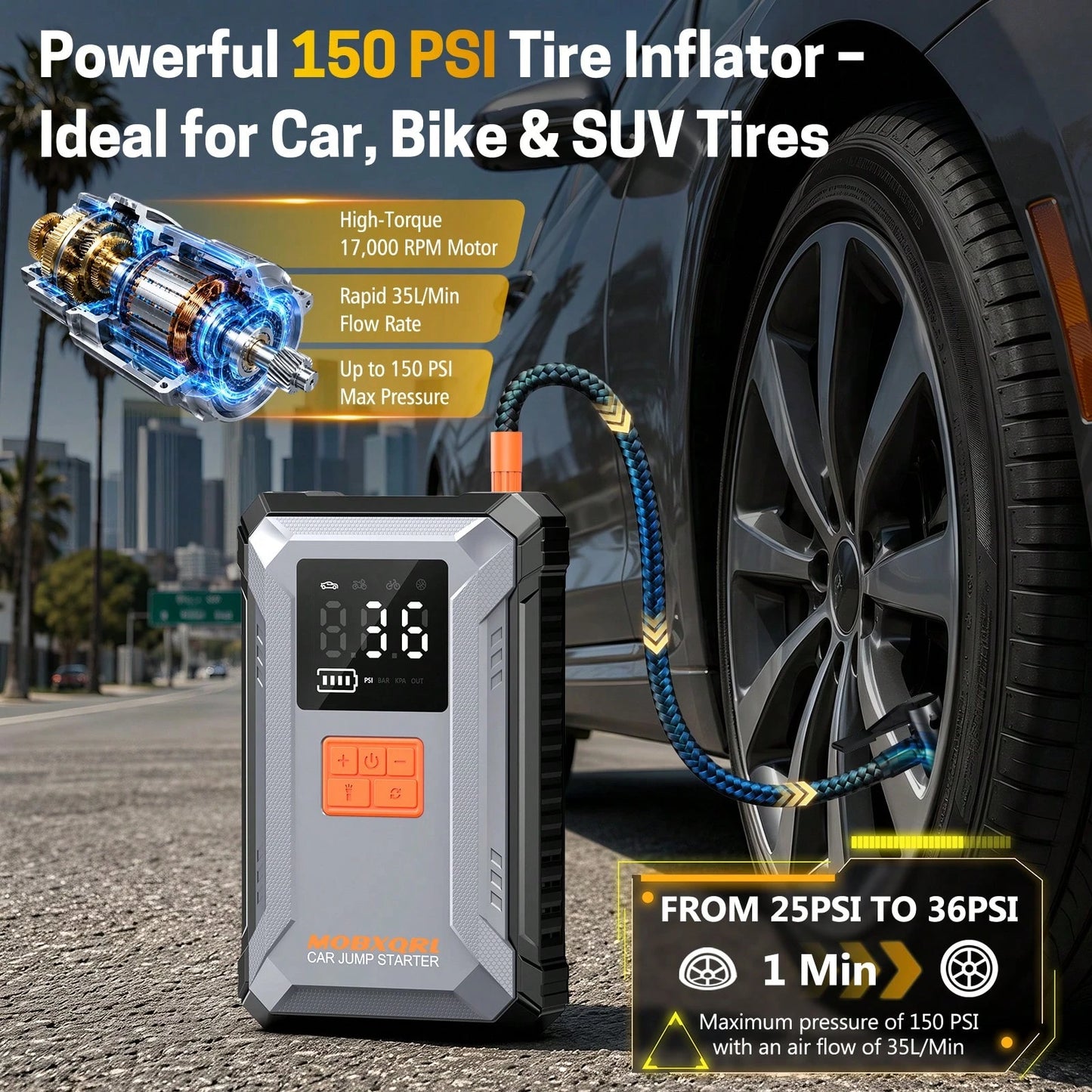 MOBXQRL Jump Starter With Air Compressor, 15000A Peak 150PSI, 12V Car Battery Charger, USB Type-C Power Bank,LED Emergency Lighting, Rechargeable Lithium Polymer Batter,Practical Ideal Gift For Fathe