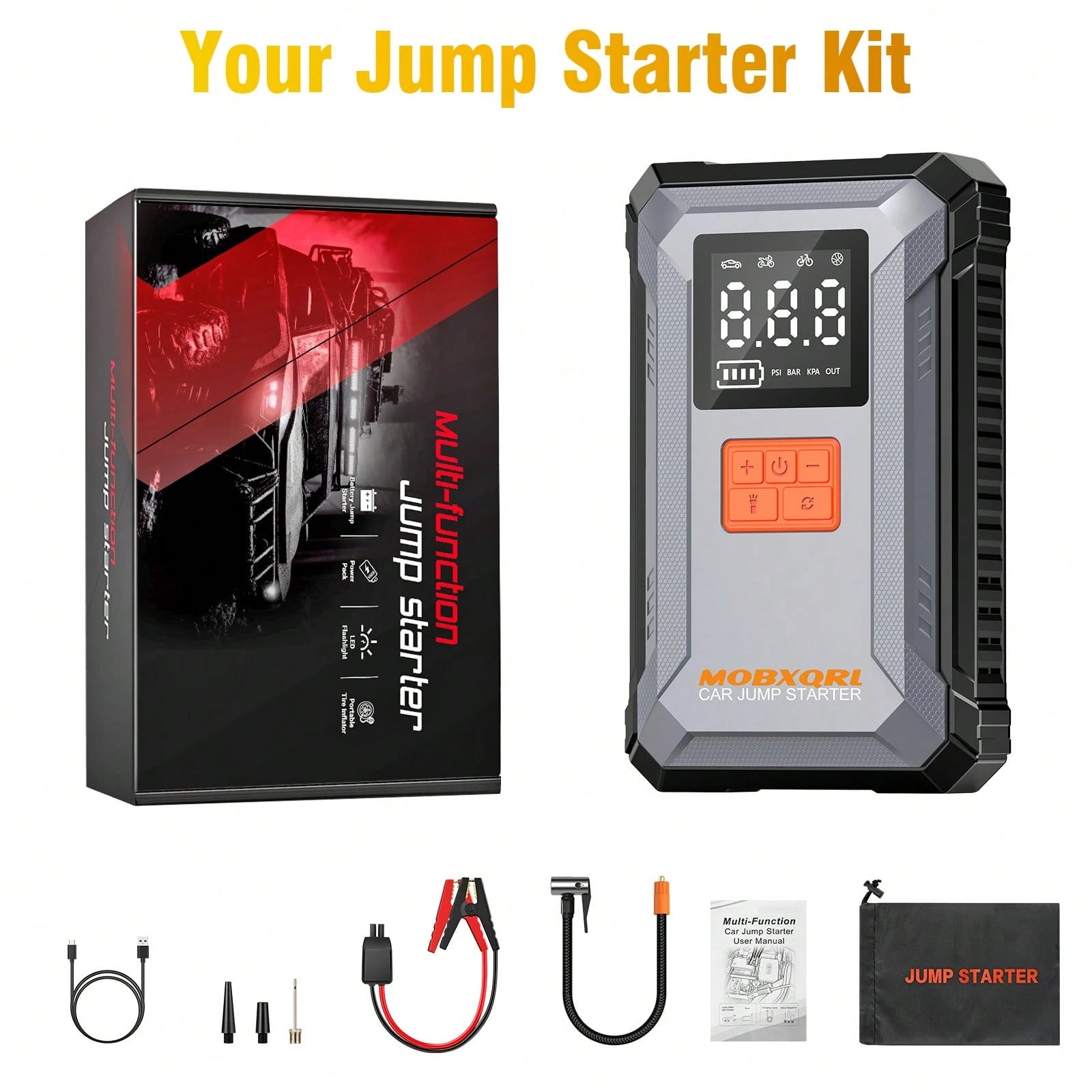 MOBXQRL Jump Starter With Air Compressor, 15000A Peak 150PSI, 12V Car Battery Charger, USB Type-C Power Bank,LED Emergency Lighting, Rechargeable Lithium Polymer Batter,Practical Ideal Gift For Fathe