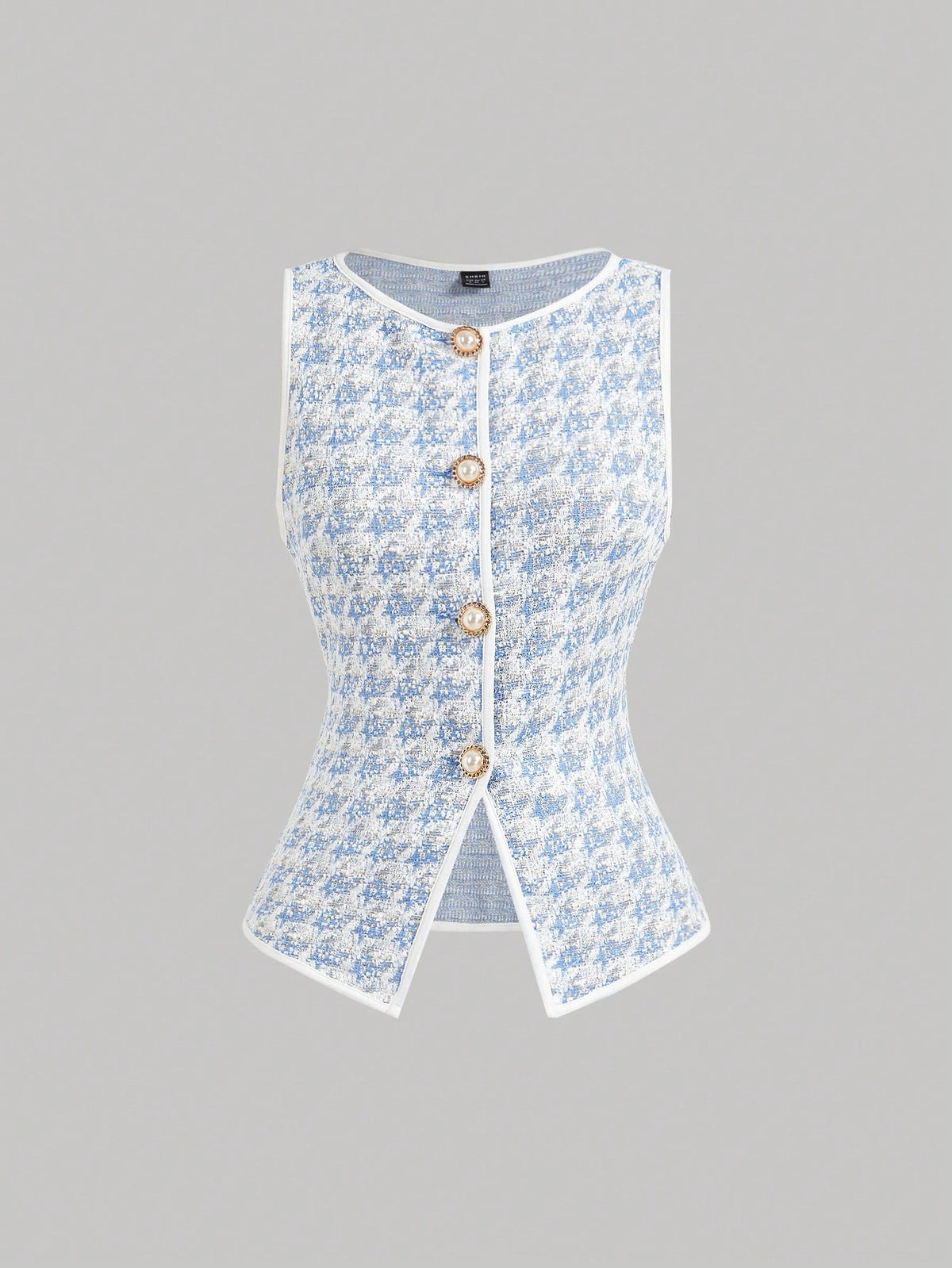MOD 1pc Women Houndstooth Single-Breasted Vintage Knit Top White