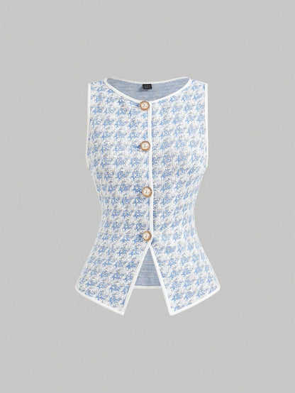 MOD 1pc Women Houndstooth Single-Breasted Vintage Knit Top White