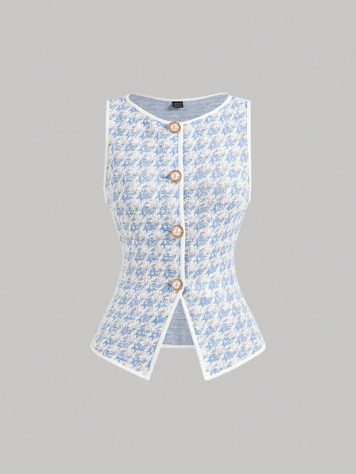 MOD 1pc Women Houndstooth Single-Breasted Vintage Knit Top White