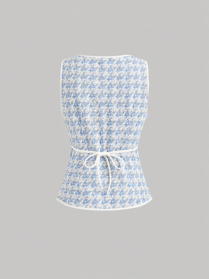 MOD 1pc Women Houndstooth Single-Breasted Vintage Knit Top White