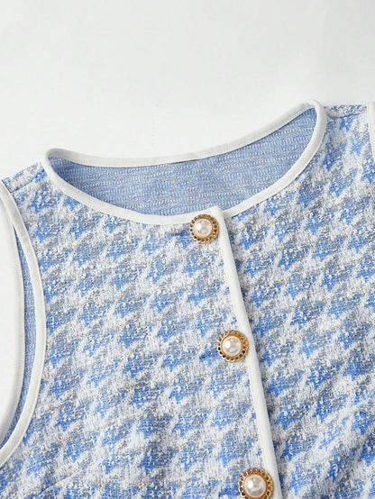 MOD 1pc Women Houndstooth Single-Breasted Vintage Knit Top White