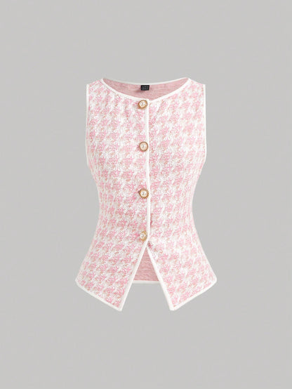 MOD 1pc Women Houndstooth Single-Breasted Vintage Knit Top White