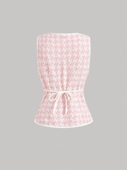 MOD 1pc Women Houndstooth Single-Breasted Vintage Knit Top White