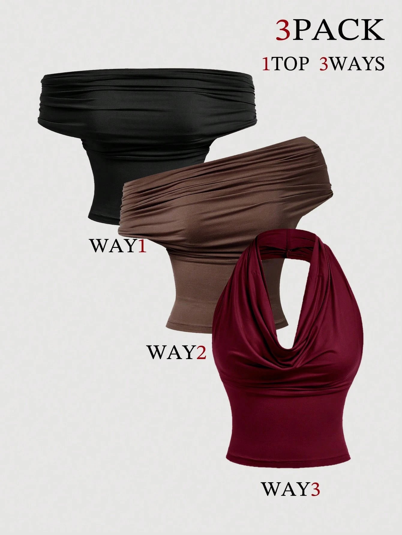 MOD 3pcs/Set Women's Solid Color Pleated Off The Shoulder Top,Black,Summer,Sexy Chic,Club Going Out,Fashion Aesthetic Tops For Christmas,New Year,Prom