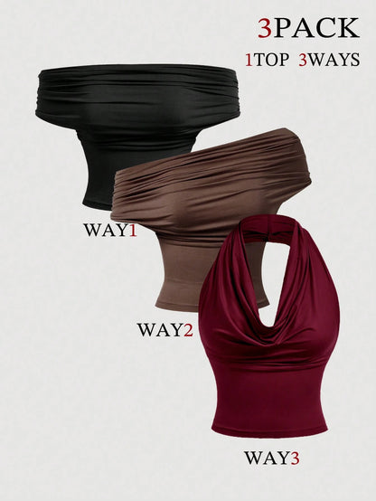MOD 3pcs/Set Women's Solid Color Pleated Off The Shoulder Top,Black,Summer,Sexy Chic,Club Going Out,Fashion Aesthetic Tops For Christmas,New Year,Prom