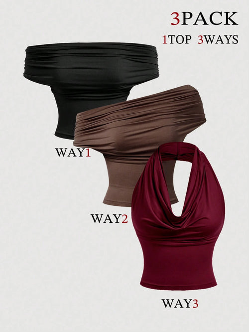 MOD 3pcs/Set Women's Solid Color Pleated Off The Shoulder Top,Black,Summer,Sexy Chic,Club Going Out,Fashion Aesthetic Tops For Christmas,New Year,Prom
