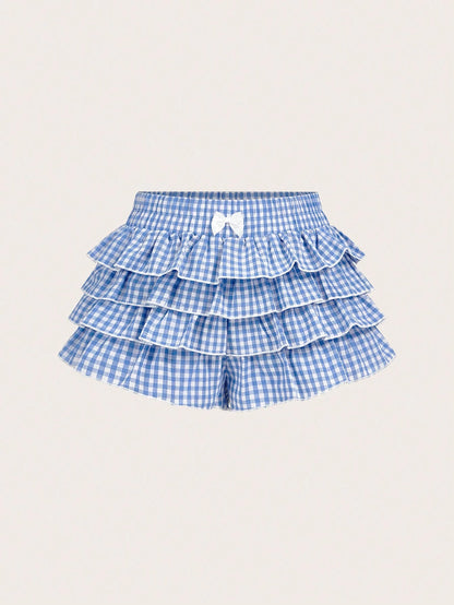 MOD Casual Low-Waist Plaid Bodycon Ruffled Women's Ultra-Short Shorts Back To School Clothes Women Blue And White Boxer Shorts Simple Daily