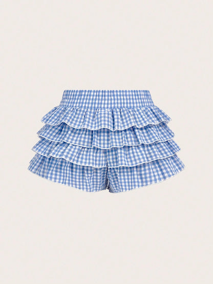 MOD Casual Low-Waist Plaid Bodycon Ruffled Women's Ultra-Short Shorts Back To School Clothes Women Blue And White Boxer Shorts Simple Daily
