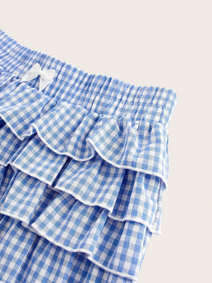 MOD Casual Low-Waist Plaid Bodycon Ruffled Women's Ultra-Short Shorts Back To School Clothes Women Blue And White Boxer Shorts Simple Daily