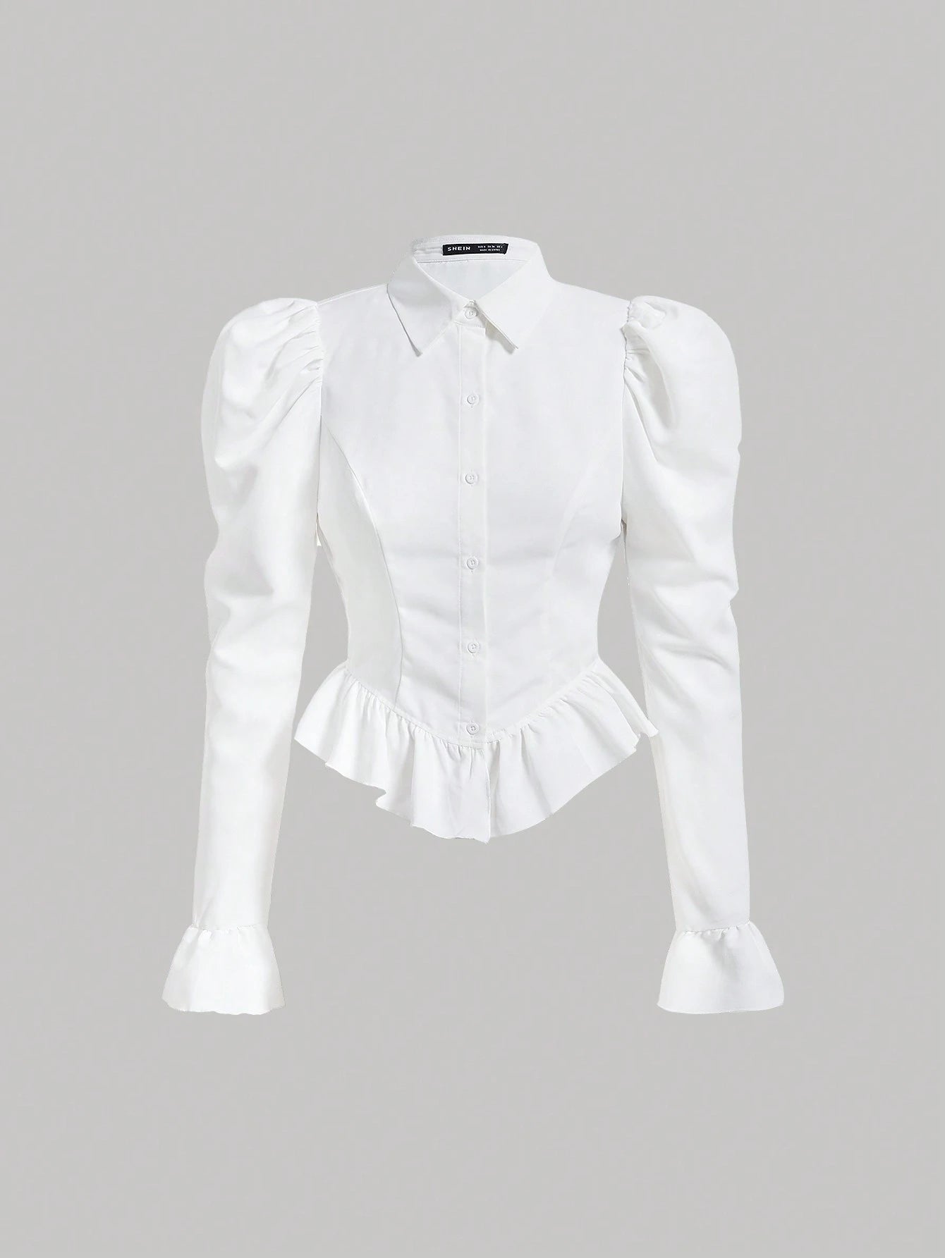 MOD Flare Sleeve Ruffle Hem Puff Sleeve White Waisted Blouse,Long Sleeve Tops, Graduation.Back To School.Campus