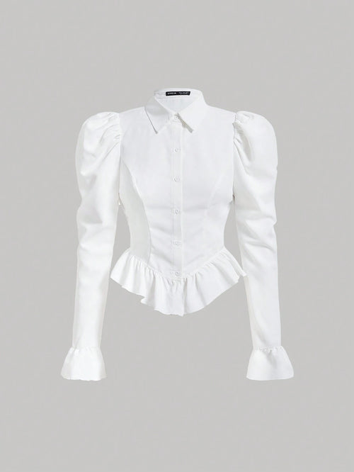 MOD Flare Sleeve Ruffle Hem Puff Sleeve White Waisted Blouse,Long Sleeve Tops, Graduation.Back To School.Campus