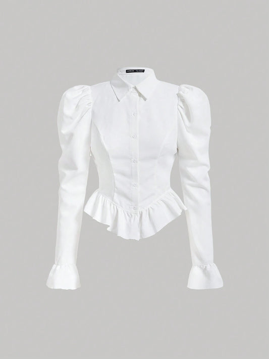 MOD Flare Sleeve Ruffle Hem Puff Sleeve White Waisted Blouse,Long Sleeve Tops, Graduation.Back To School.Campus
