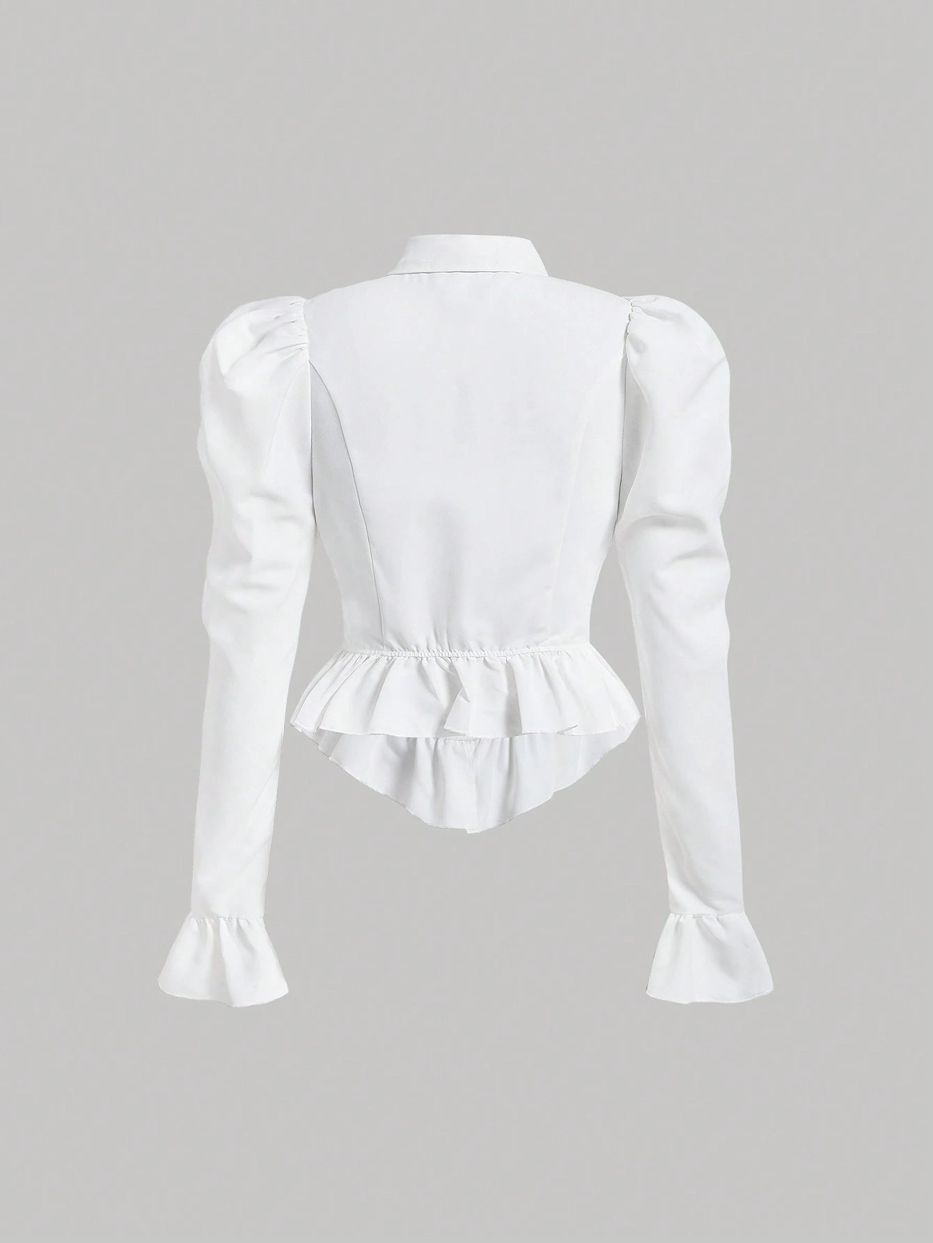 MOD Flare Sleeve Ruffle Hem Puff Sleeve White Waisted Blouse,Long Sleeve Tops, Graduation.Back To School.Campus
