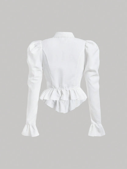 MOD Flare Sleeve Ruffle Hem Puff Sleeve White Waisted Blouse,Long Sleeve Tops, Graduation.Back To School.Campus