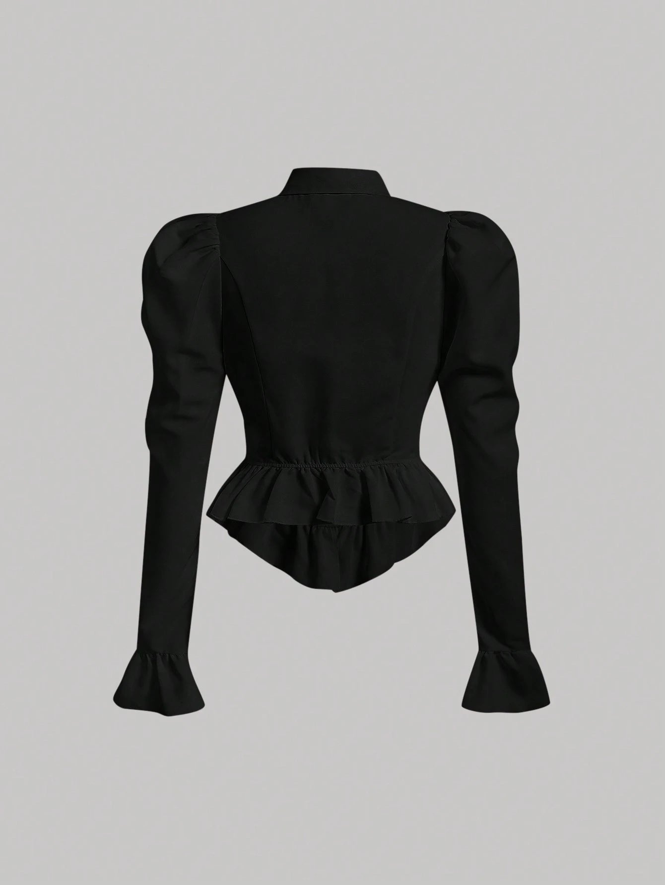 MOD Flare Sleeve Ruffle Hem Puff Sleeve White Waisted Blouse,Long Sleeve Tops, Graduation.Back To School.Campus