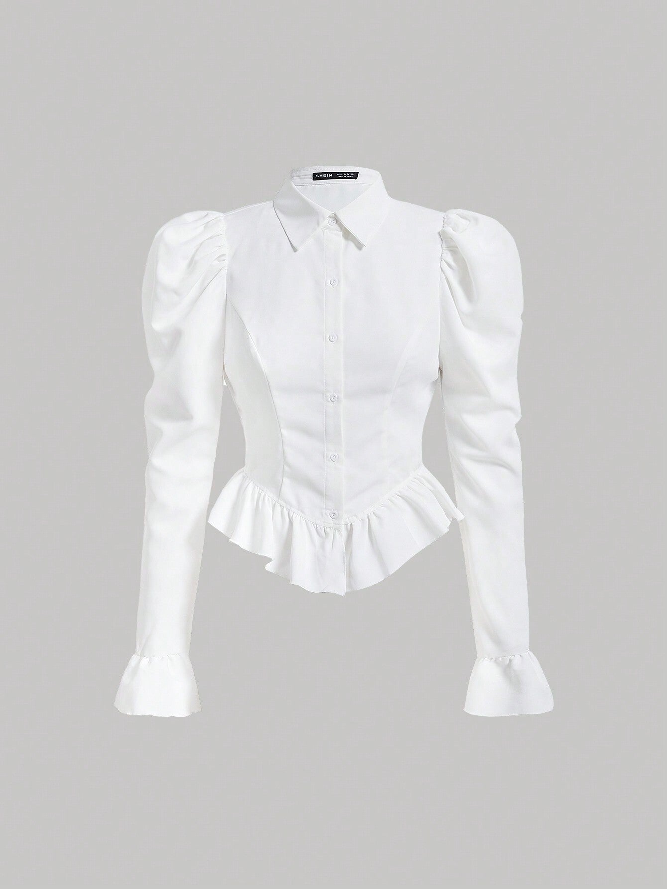 MOD Flare Sleeve Ruffle Hem Puff Sleeve White Waisted Blouse,Long Sleeve Tops, Graduation.Back To School.Campus