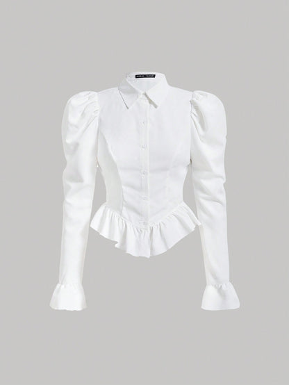 MOD Flare Sleeve Ruffle Hem Puff Sleeve White Waisted Blouse,Long Sleeve Tops, Graduation.Back To School.Campus