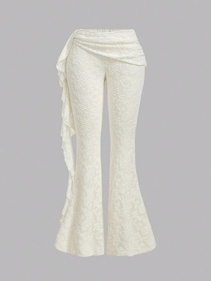 MOD Ladies Off-White Elegant Romantic Sexy Lace Flared Pants,Patchwork Ruffle Hem Boho Beach Date Party Pants,Suitable For Autumn Wedding, Costume Dates