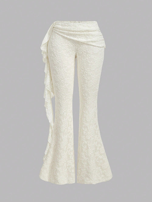 MOD Ladies Off-White Elegant Romantic Sexy Lace Flared Pants,Patchwork Ruffle Hem Boho Beach Date Party Pants,Suitable For Autumn Wedding, Costume Dates