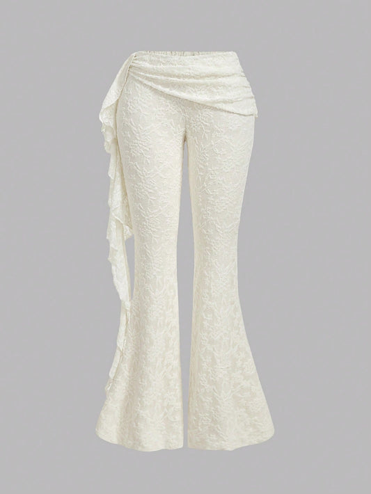 MOD Ladies Off-White Elegant Romantic Sexy Lace Flared Pants,Patchwork Ruffle Hem Boho Beach Date Party Pants,Suitable For Autumn Wedding, Costume Dates