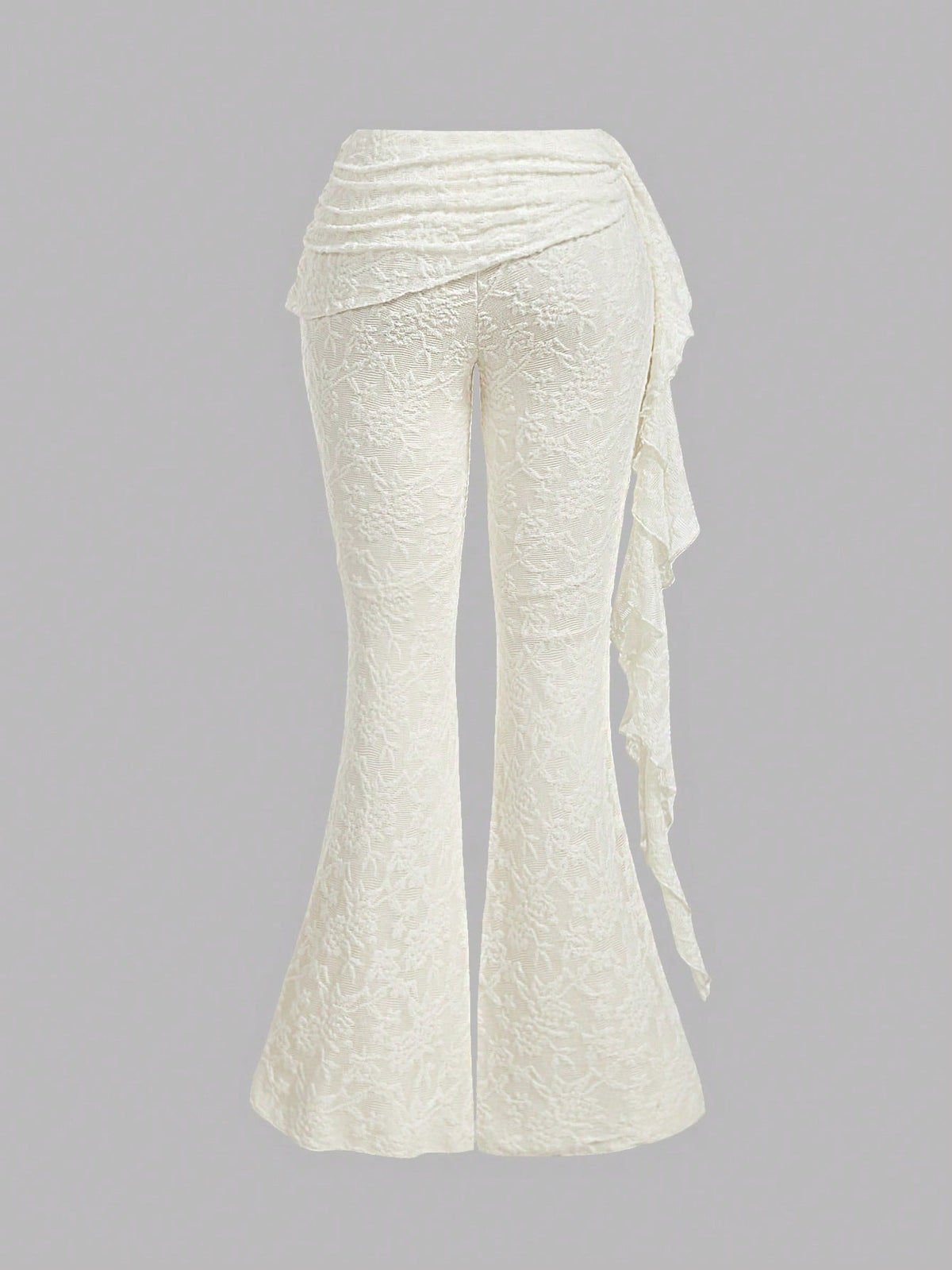 MOD Ladies Off-White Elegant Romantic Sexy Lace Flared Pants,Patchwork Ruffle Hem Boho Beach Date Party Pants,Suitable For Autumn Wedding, Costume Dates