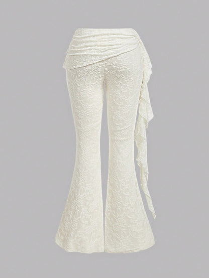 MOD Ladies Off-White Elegant Romantic Sexy Lace Flared Pants,Patchwork Ruffle Hem Boho Beach Date Party Pants,Suitable For Autumn Wedding, Costume Dates