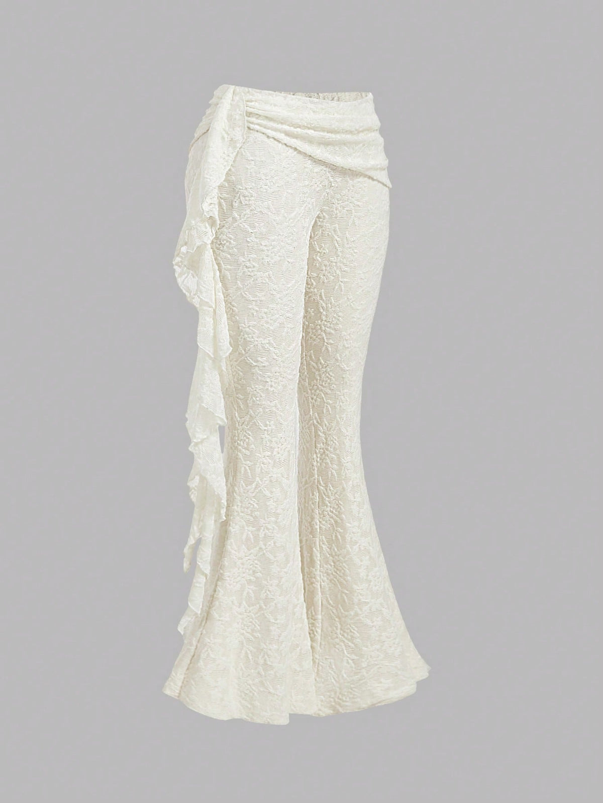 MOD Ladies Off-White Elegant Romantic Sexy Lace Flared Pants,Patchwork Ruffle Hem Boho Beach Date Party Pants,Suitable For Autumn Wedding, Costume Dates