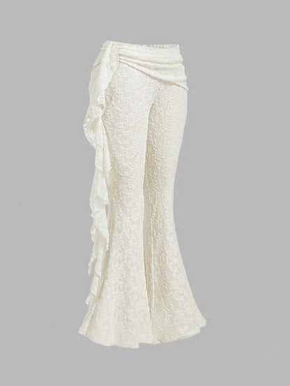 MOD Ladies Off-White Elegant Romantic Sexy Lace Flared Pants,Patchwork Ruffle Hem Boho Beach Date Party Pants,Suitable For Autumn Wedding, Costume Dates