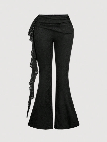 MOD Ladies Off-White Elegant Romantic Sexy Lace Flared Pants,Patchwork Ruffle Hem Boho Beach Date Party Pants,Suitable For Autumn Wedding, Costume Dates