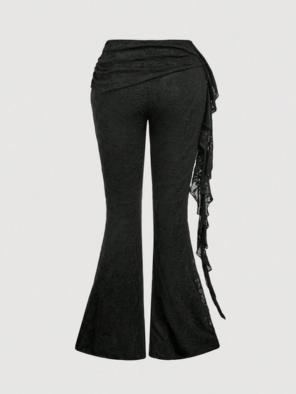 MOD Ladies Off-White Elegant Romantic Sexy Lace Flared Pants,Patchwork Ruffle Hem Boho Beach Date Party Pants,Suitable For Autumn Wedding, Costume Dates