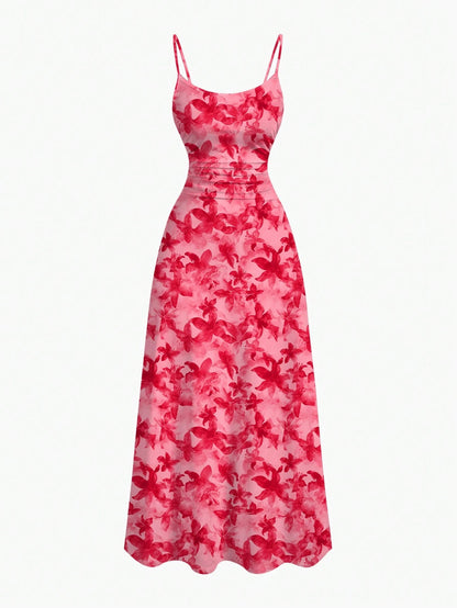 MOD Pink Floral Summer Tropical Holiday Vacation Casual Sexy Jamaican Minimalist Waist Draped Hem Spaghetti Strap Dress Bohemia Honeymoon Beach