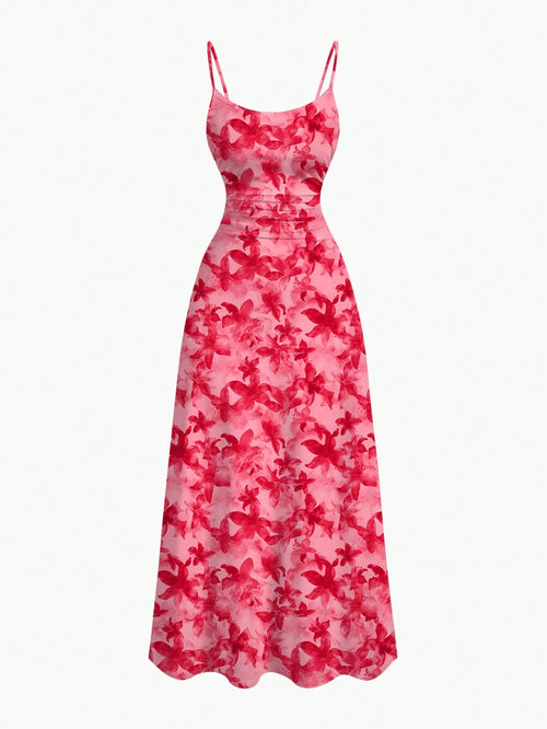 MOD Pink Floral Summer Tropical Holiday Vacation Casual Sexy Jamaican Minimalist Waist Draped Hem Spaghetti Strap Dress Bohemia Honeymoon Beach