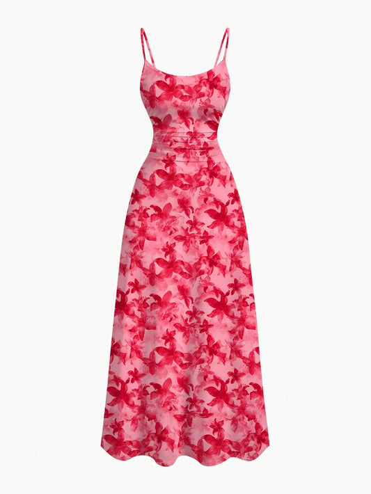 MOD Pink Floral Summer Tropical Holiday Vacation Casual Sexy Jamaican Minimalist Waist Draped Hem Spaghetti Strap Dress Bohemia Honeymoon Beach