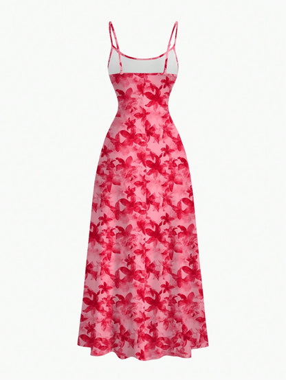 MOD Pink Floral Summer Tropical Holiday Vacation Casual Sexy Jamaican Minimalist Waist Draped Hem Spaghetti Strap Dress Bohemia Honeymoon Beach