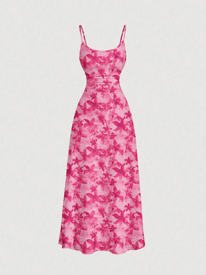 MOD Pink Floral Summer Tropical Holiday Vacation Casual Sexy Jamaican Minimalist Waist Draped Hem Spaghetti Strap Dress Bohemia Honeymoon Beach