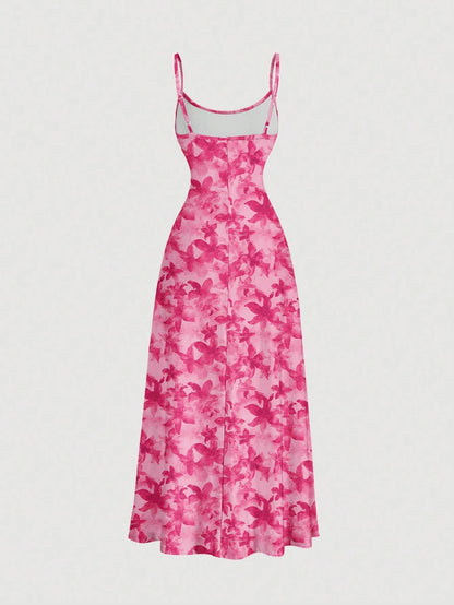 MOD Pink Floral Summer Tropical Holiday Vacation Casual Sexy Jamaican Minimalist Waist Draped Hem Spaghetti Strap Dress Bohemia Honeymoon Beach