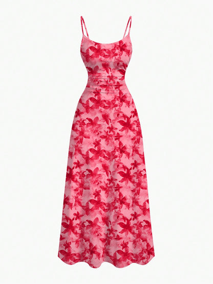 MOD Pink Floral Summer Tropical Holiday Vacation Casual Sexy Jamaican Minimalist Waist Draped Hem Spaghetti Strap Dress Bohemia Honeymoon Beach