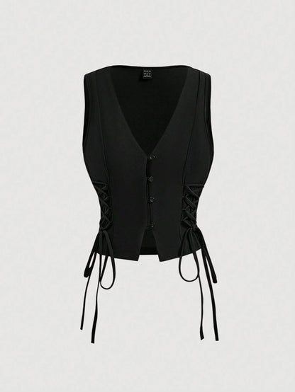 MOD Solid Color Cross Tie Strap Black Side Strap Crop Tank Top For Summer