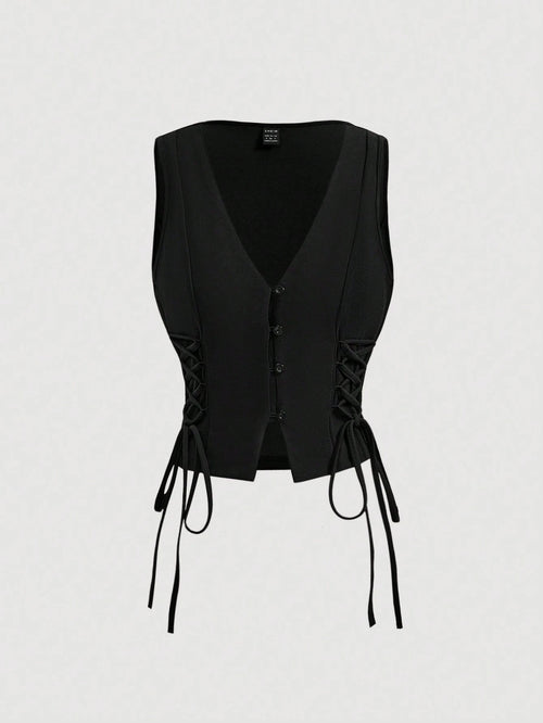 MOD Solid Color Cross Tie Strap Black Side Strap Crop Tank Top For Summer